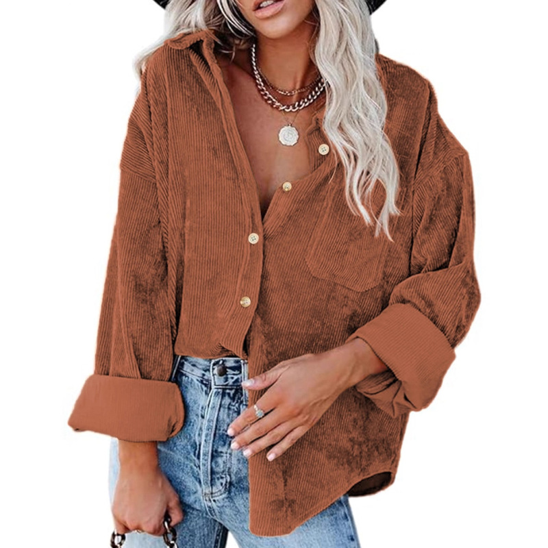 Cross-Border European and American Foreign Trade Women's Clothing Amazon Independent Site Women's Corduroy Casual Loose Pocket Long-Sleeve Shirt