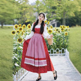 一件代发春秋季法式田园牧羊裙设计感复古格子围裙套装长裙配头巾