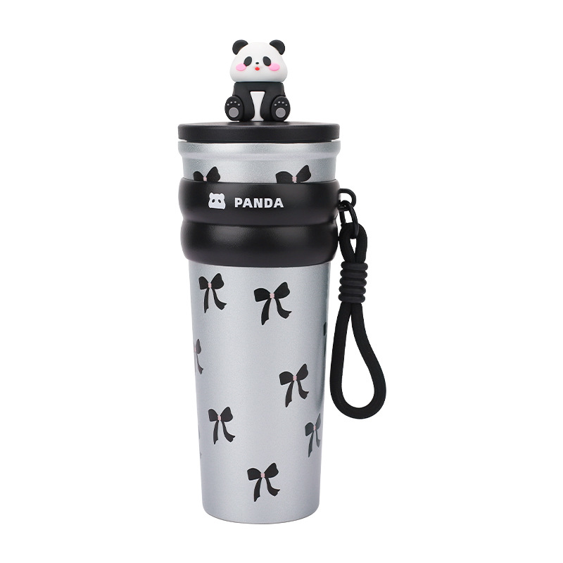 Vaso de agua creativo con pajita, vaso aislado, alto valor estético, gran capacidad, vaso de viaje con diseño de panda, acero inoxidable 304, diseño de dibujos animados portátil.