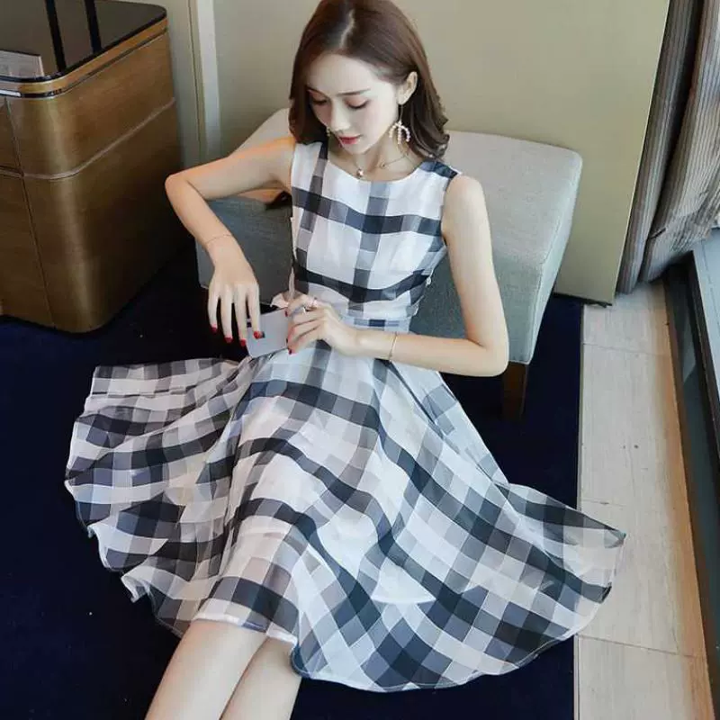 Летнее платье в корейском стиле Hangzhou Haohuo 2025, клетчатое, без рукавов, с круглым вырезом, из органзы, миди, А-силуэта