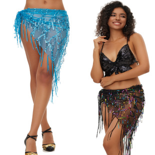 2024 New Belly Dance Waist Chain Hip Towel Mesh Sequins Oriental Dance Triangle Towel Tassel Practice Belt Waist Towel Women