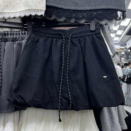 设计感抽绳拼接款灯笼裙短裙女童夏新款韩版高腰A字裙休闲半身裙