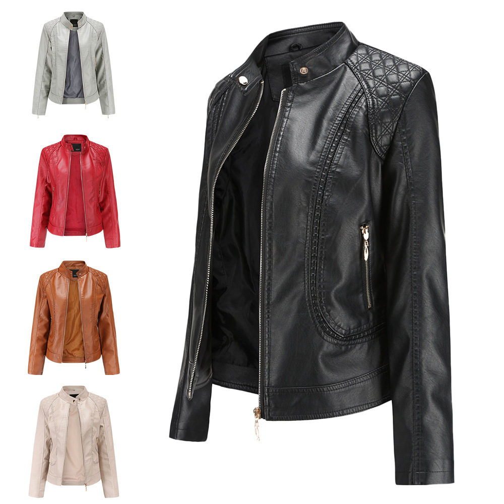 New Style Women's Leather Jacket, Feminine European and American Large Size Stand Collar Pu Leather Women's Leather Jacket, Women's Leather Jacket, Fashionable and Versatile