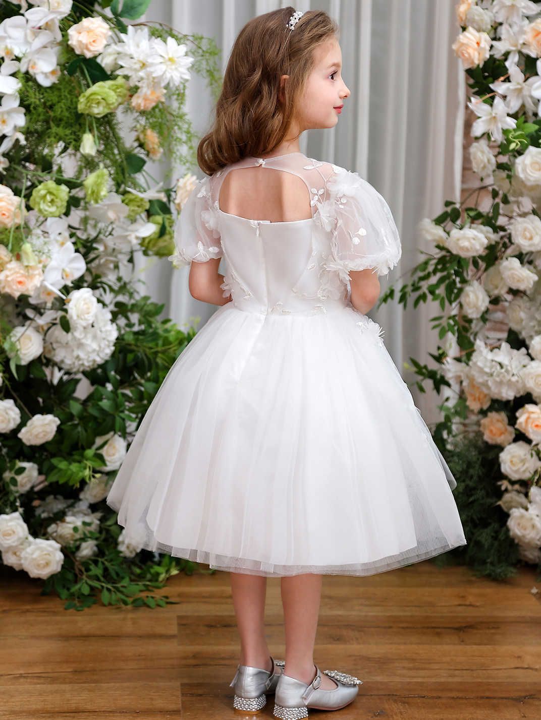 Nuevos productos vestidos de niños falda de niña niña niña flor de color sólido bambú pompa de manga corta vestido de princesa fábrica en stock