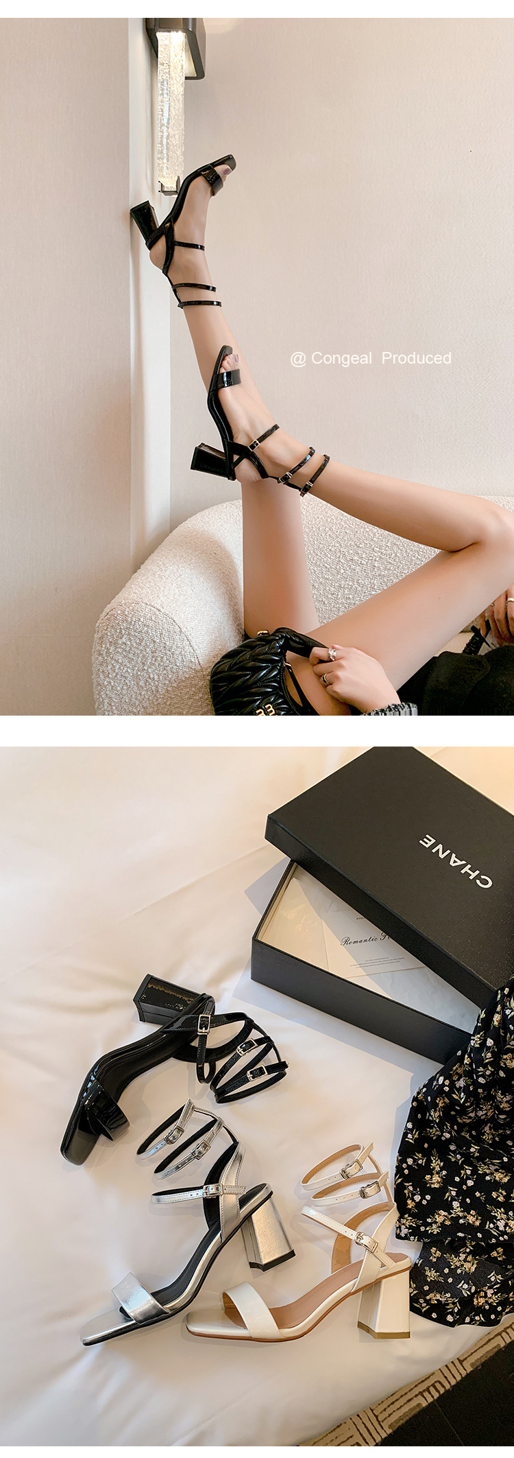 Sandal cao gót nữ quai ngang hở mũi mũi vuông gót vuông — Màu đen chi tiết 8