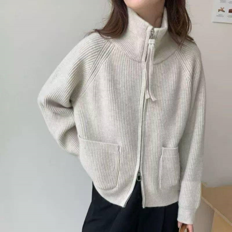 双拉链长袖针织开衫女秋冬新款大码跨境慵懒风宽松毛衣开衫外套女|undefined