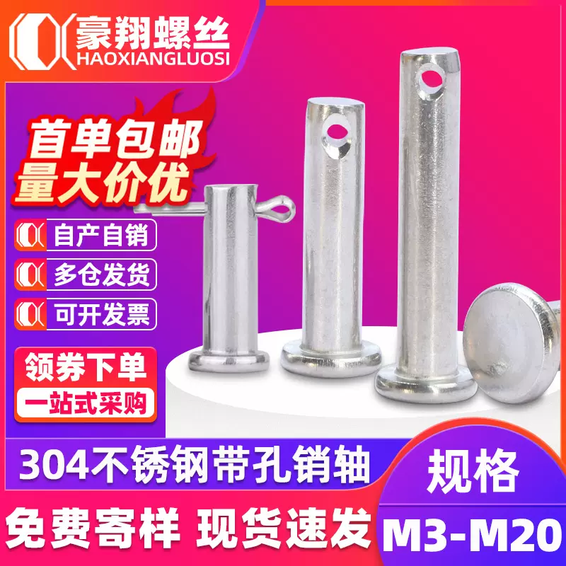 304不锈钢销轴平头带孔插销定位销钉固定销子圆柱销M3M4M5M6M8M10