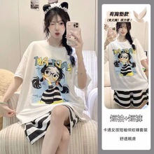 夏季新款带胸垫卡通短袖短裤圆领两件套睡衣女宽松家居服套装外穿