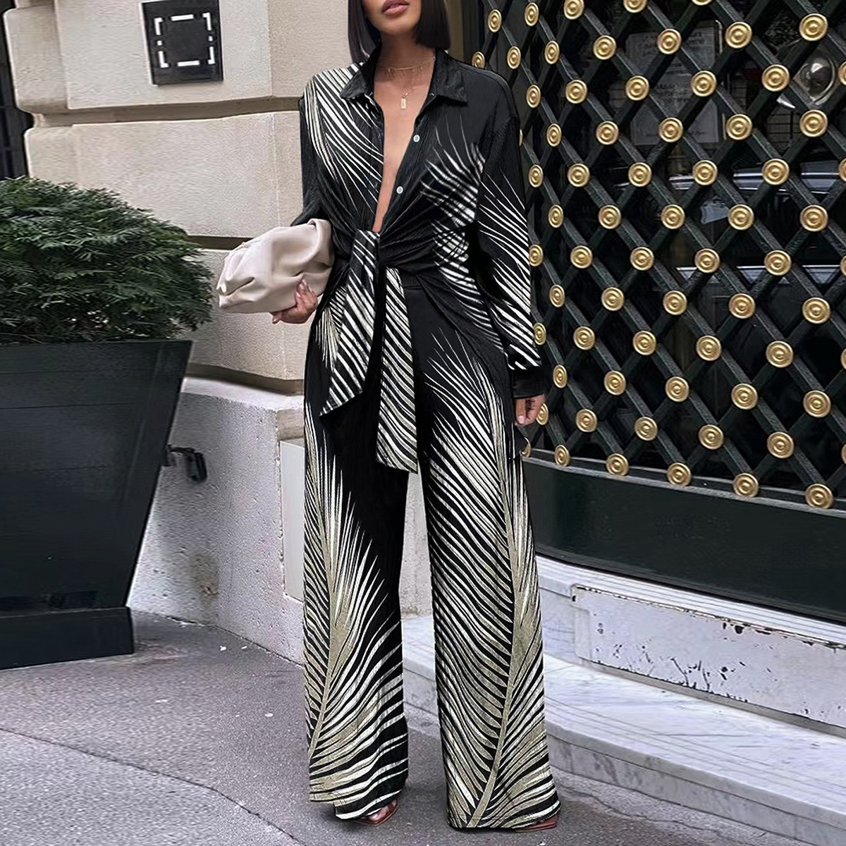 Cross-Border Amazon European and American Women's Clothing Spring and Autumn Gradient Color High-End Long-Sleeved Jacket and Trousers Casual Two-Piece Suit