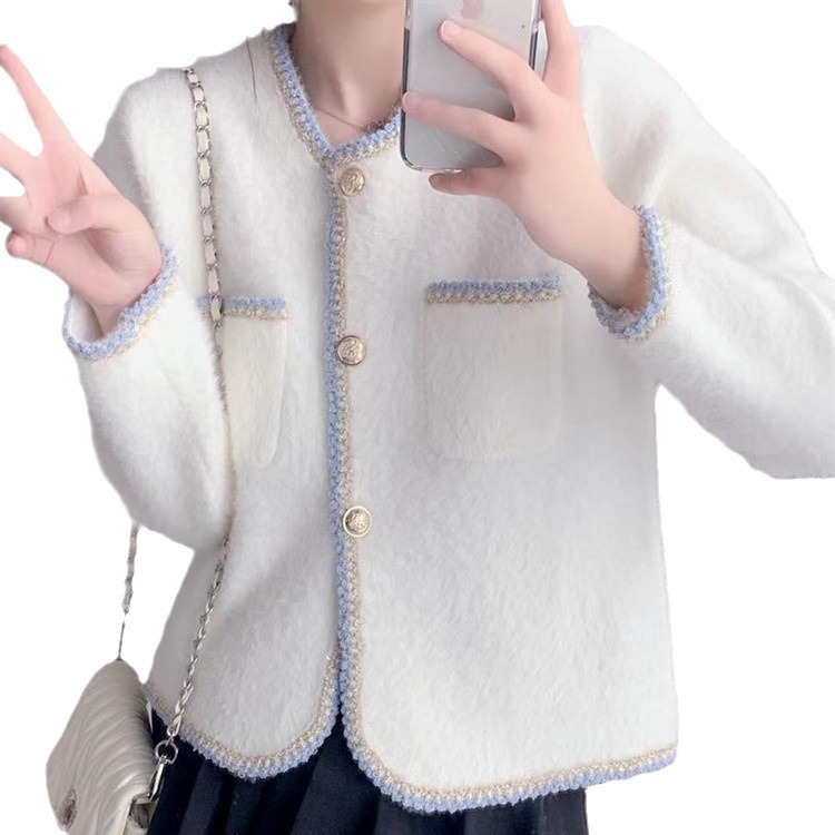 Pequeño viento fragante francés imitación de jersey de punto Cardigan mujeres otoño y invierno 2024 nuevo temperamento chaqueta de cuello redondo abrigo suéter image 6