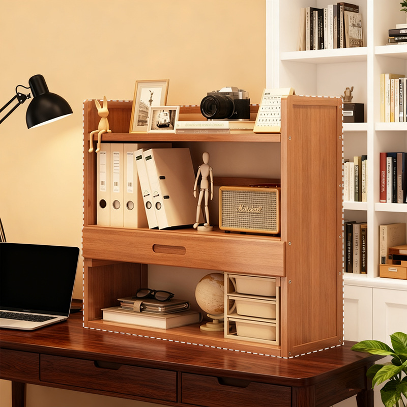 Desktop Bookshelf Solid Wood with Drawer Storage Rack Office Workstation Multi-Layer Storage Rack Home Student Desk Organization Rack