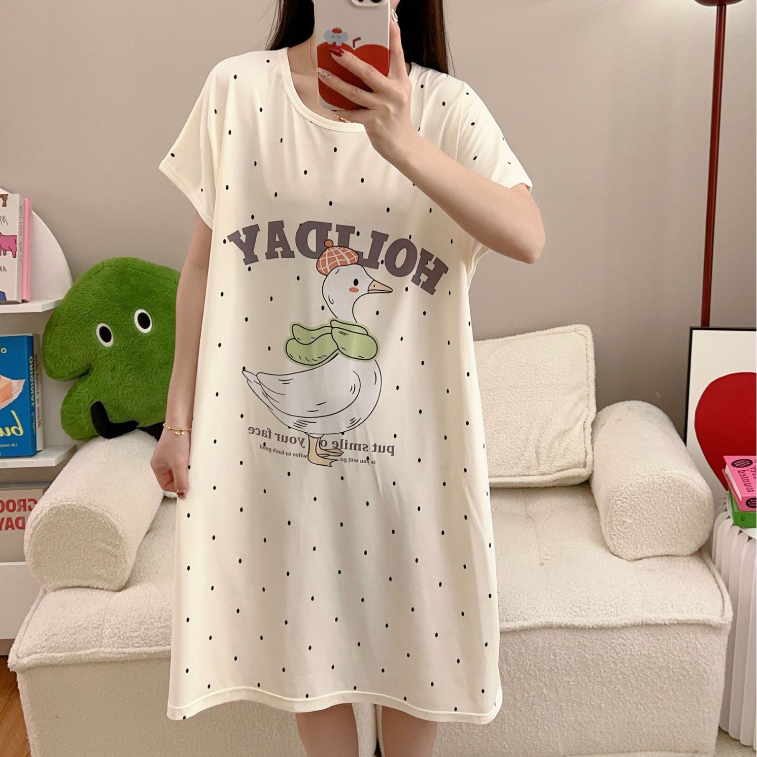睡衣女夏短袖薄款玉桂狗卡通小清新可爱宽松睡裙慵懒学生家居服外