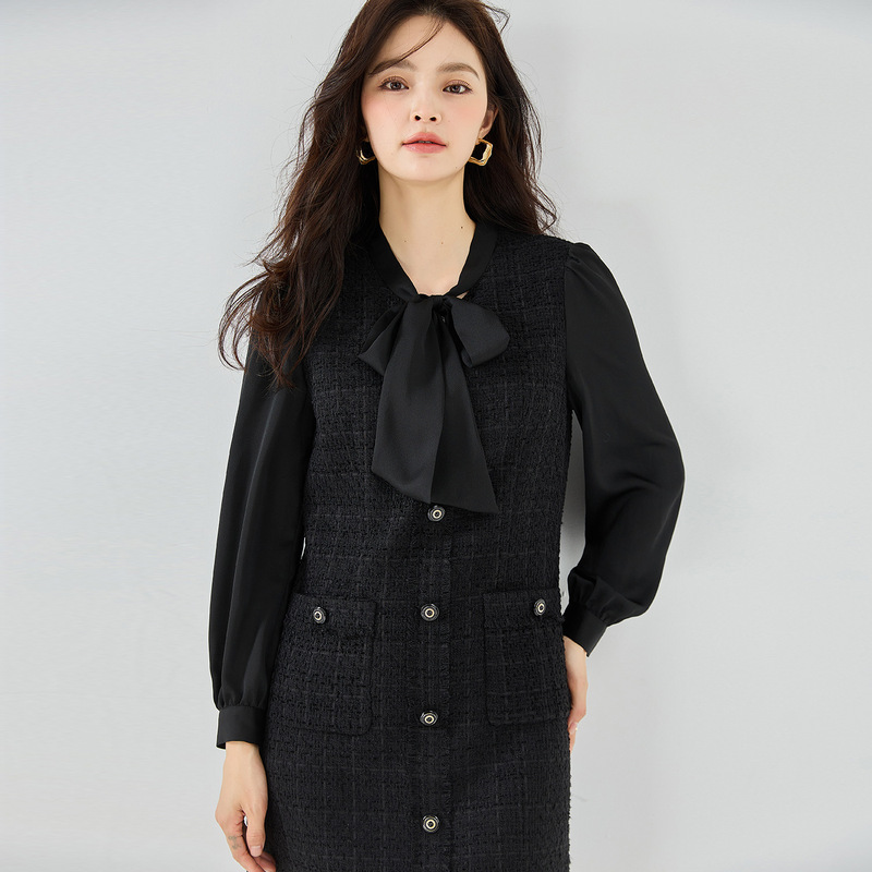 26 Spring Flutter Collar Small Chanel-Style Tweed Long-Sleeve Black Waist-Cinching Dress, Elegant for Commuting and Light Workplace Wear 15369