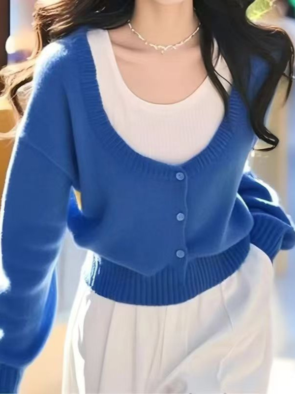 洋气减龄上衣蓝色假两件针织衫女2025春季新款今年流行的漂亮毛衣|undefined