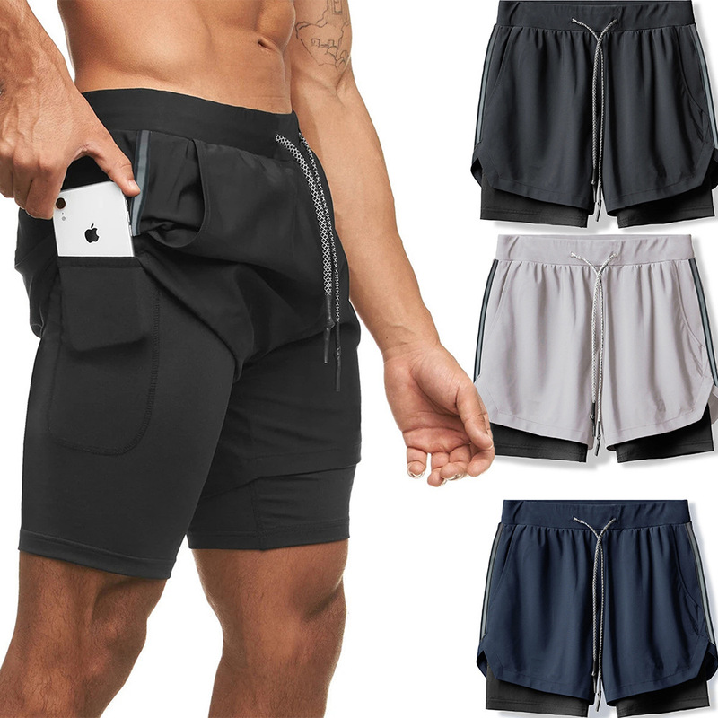 Cross-border New Two-layer Anti-walking Sports Shorts Men's Running Training Elastic Five-point Basketball Pants