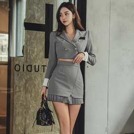 4216韩版女主时尚气质新款两件修身西装小外套收腰压褶包臀裙套装