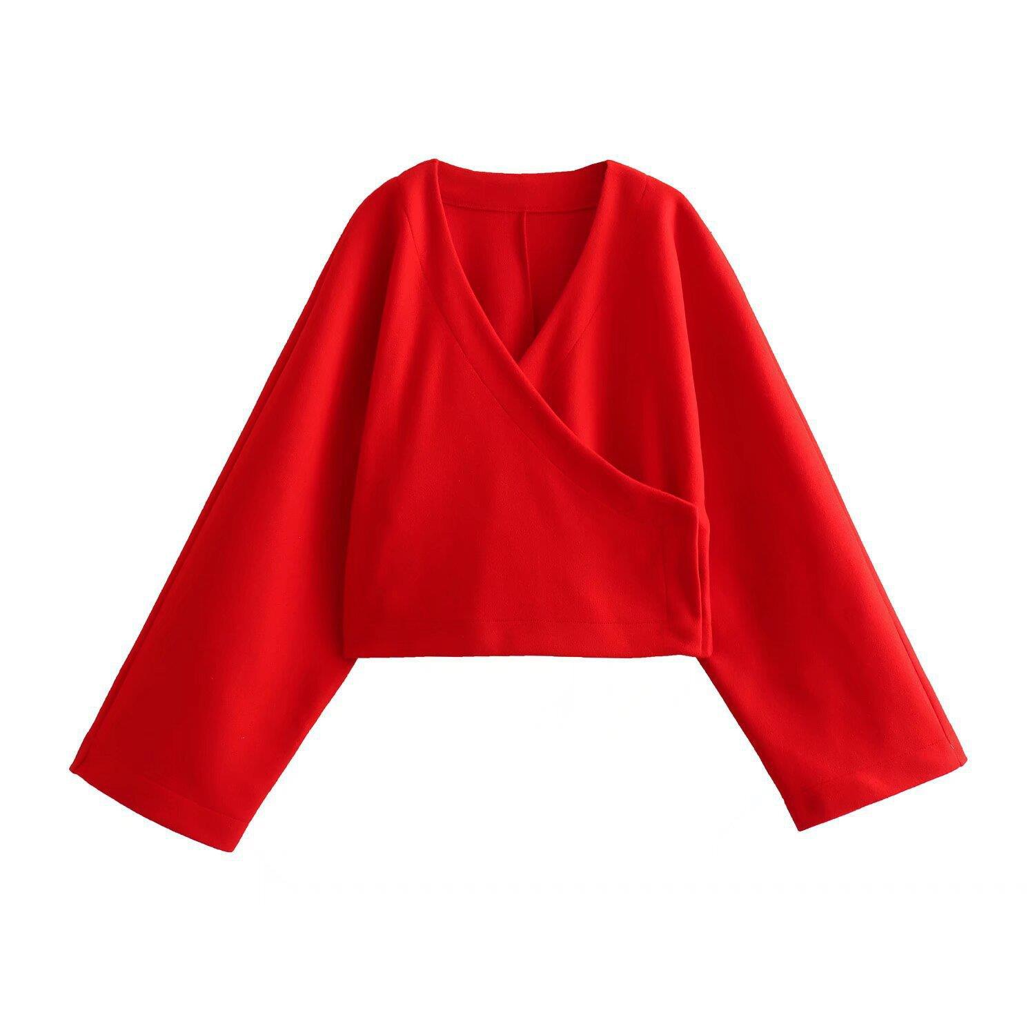 速卖通服装2024春季新品欧美红色V领单排扣长袖和服式外套9598258