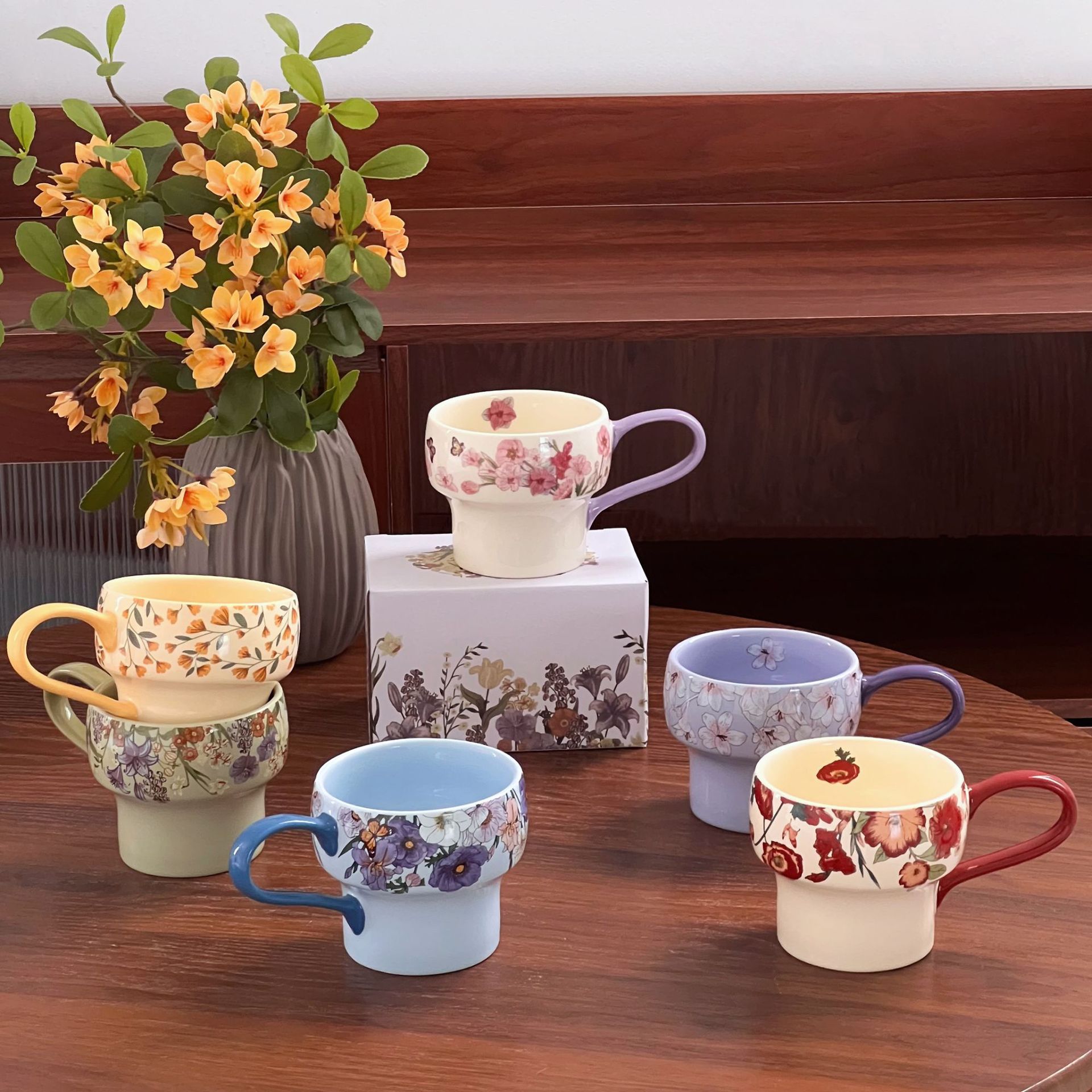 Taza de cerámica de flores taza de desayuno de avena tazón de calentamiento de leche flor brocade taza de café plato tazón