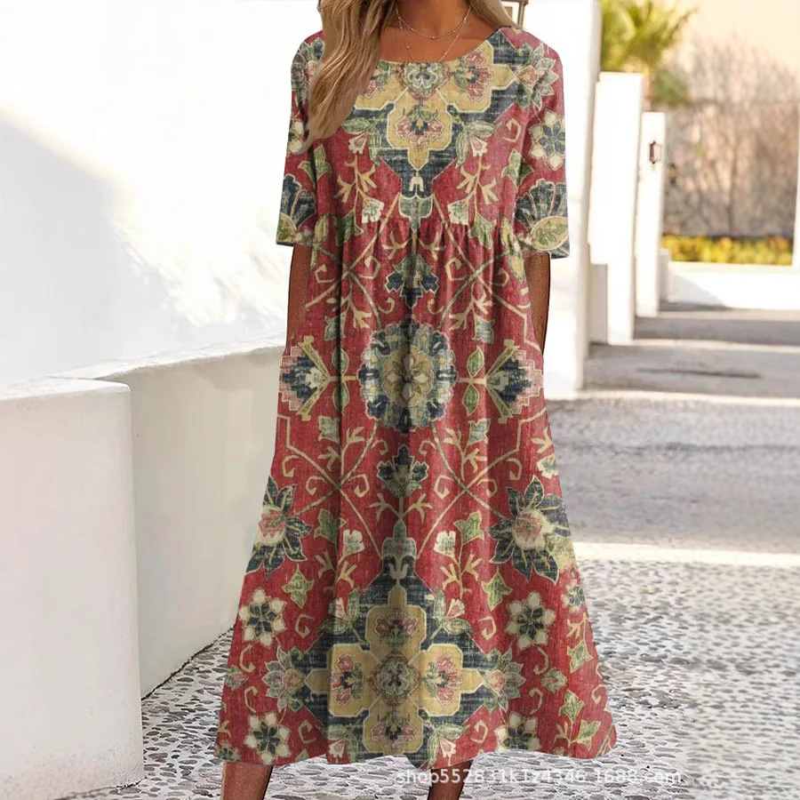 Ladies' Round-Neck Short-Sleeved Mid-Length Fitted Dress With Print For Summer_ecoleips.com