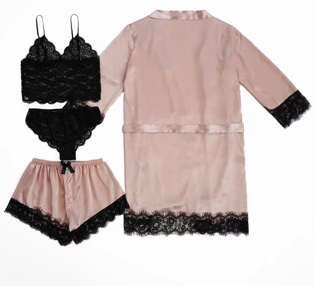 GraceChic GraceChic Nuovo pigiama estivo da donna in raso e pizzo, stile europeo americano, 4 pezzi, con vestaglia e camicia da notte all'ingrosso_voghion.com