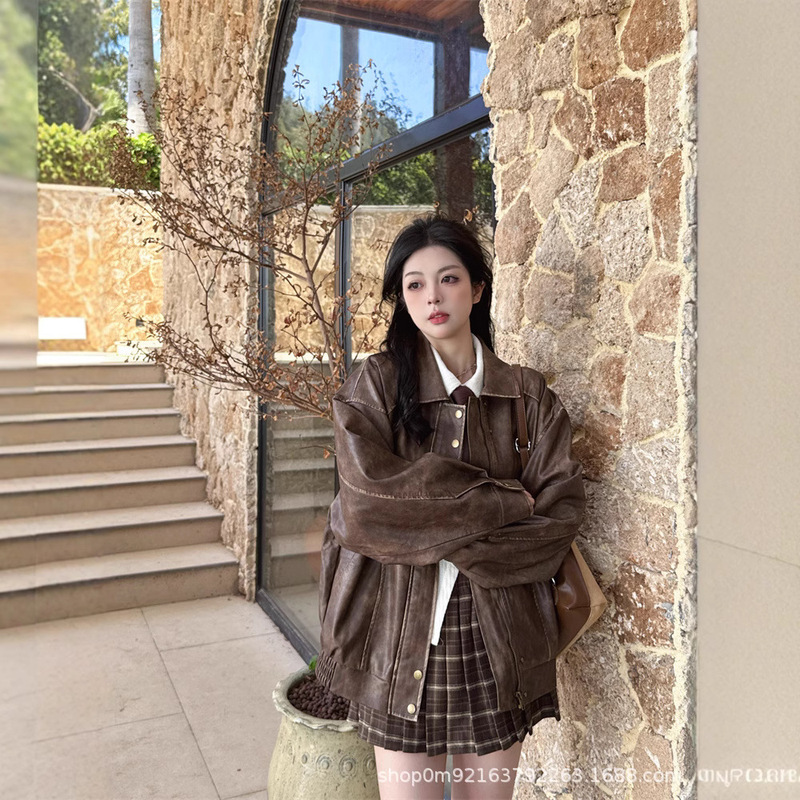 Retro Distressed Brown Leather Jacket for Men and Women Spring & Fall 2025 New American Sweet and Cool Motorcycle Pu Leather Jacket Short Jacket