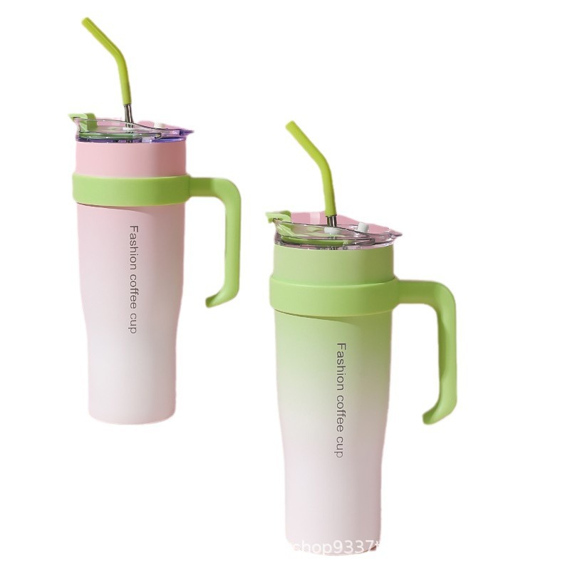 Taza aislante gigante popular transfronteriza con degradado, taza para auto con asa y pajita, portátil, de gran capacidad 304, para hielo.