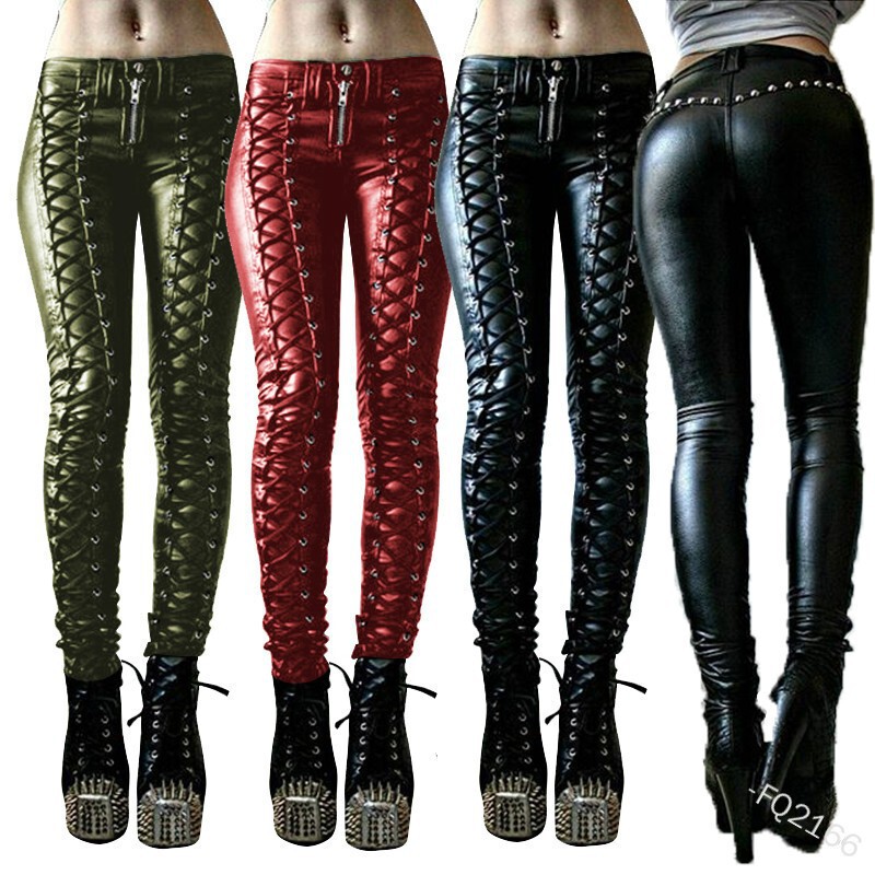 in stock cross-border new women's clothing Amazon AliExpress strap PU leather pants solid color casual pants FQ2166