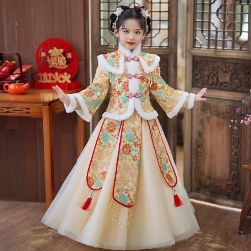 女童汉服2025新款儿童冬季新年装加绒加厚古风拜年服女孩唐装裙子