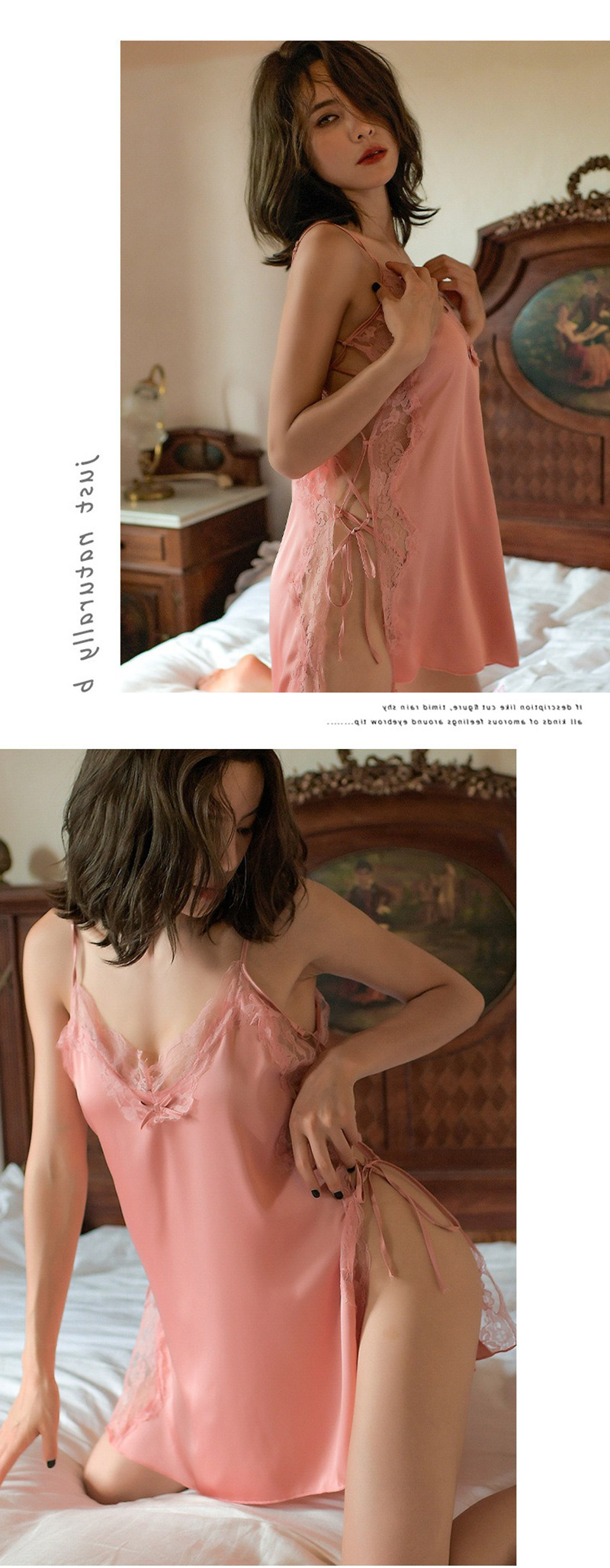 Imitation Silk Slit Babydoll Nightgown with Shoulder Straps, Backless Plus-Size Blue Set — detail image 6