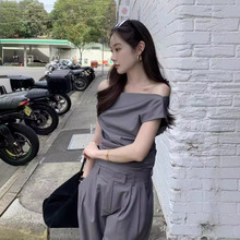 2024韩国chic夏季法式设计感露肩上衣+高腰阔腿西装裤两件套装