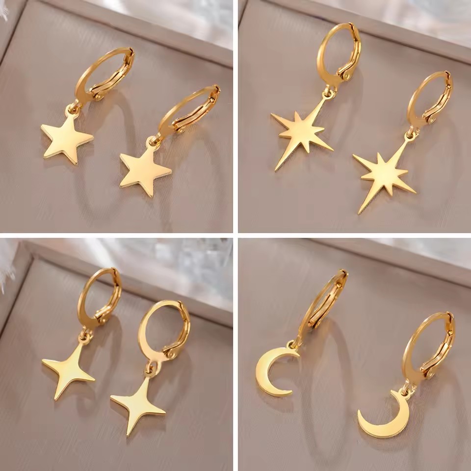 Moon Star Drop Earrings Women's Golden Stainless Steel Ring Earrings Simple Fashion Jewelry Gift Wholesale