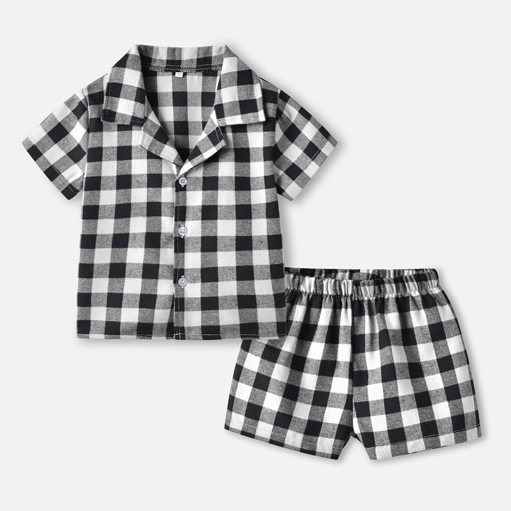 Nuevo producto traje de pijama 204 camisa de doble velo a cuadros de manga corta de verano pantalones cortos casuales ropa de hogar para niños niños