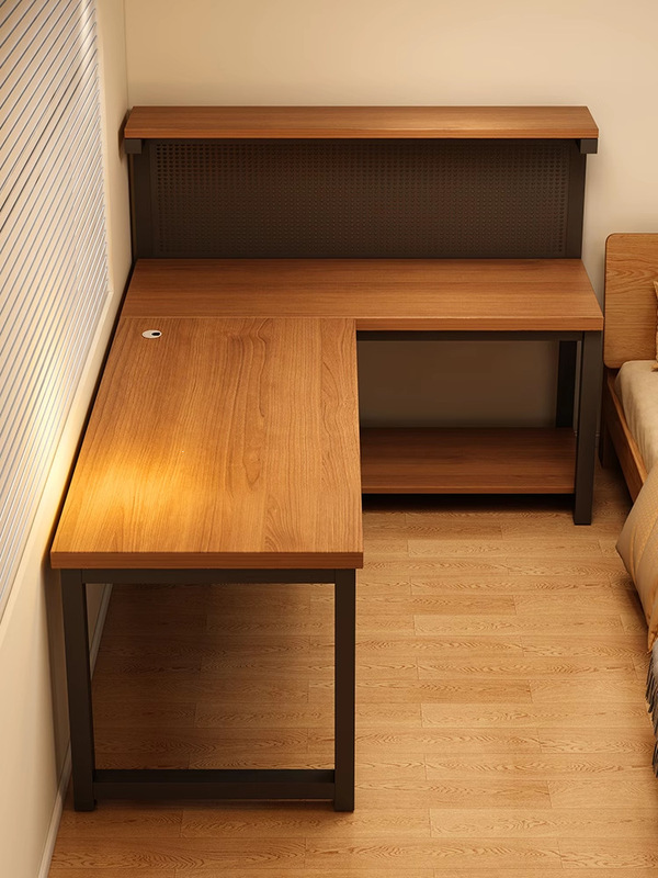 Solid wood double corner gaming desk for home use, desktop desk with integrated bookshelf, L-shaped computer desk