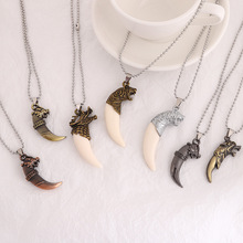 国潮复古男士霸气狼牙项链个性生肖龙头型镶嵌吊坠动物款毛衣链