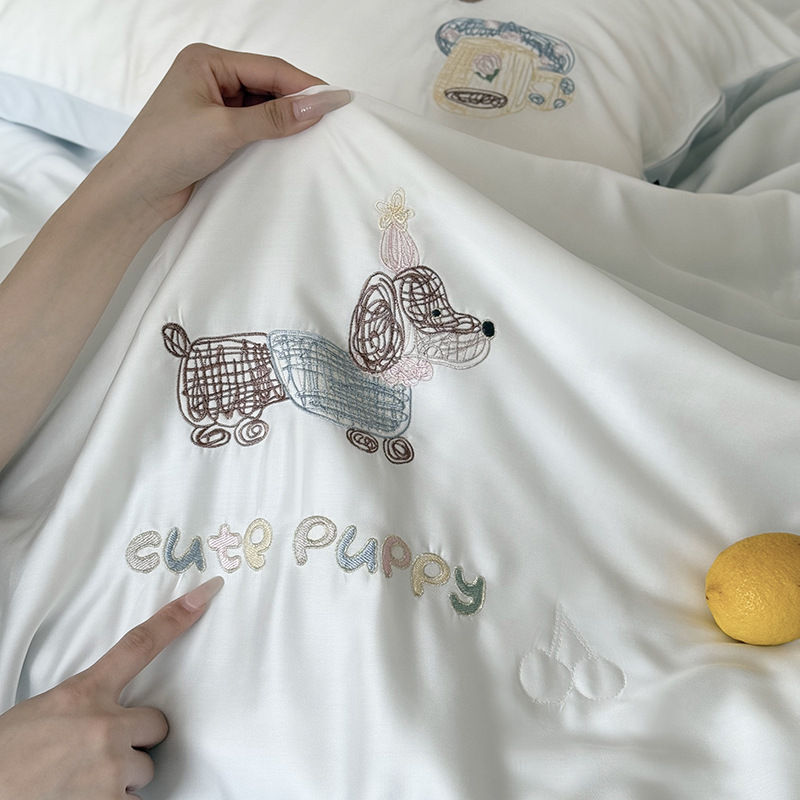 Summer Cool Feeling Lanjing Tencel Summer Quilt Four-Piece Set Pink Girl Ins Style Embroidered Air Conditioned Quilt Summer Cool Quilt Bed Hat