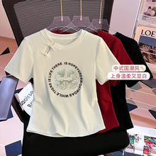 实拍新中式国风T恤女白色夏季2024新款复古刺绣体恤短袖收腰上衣