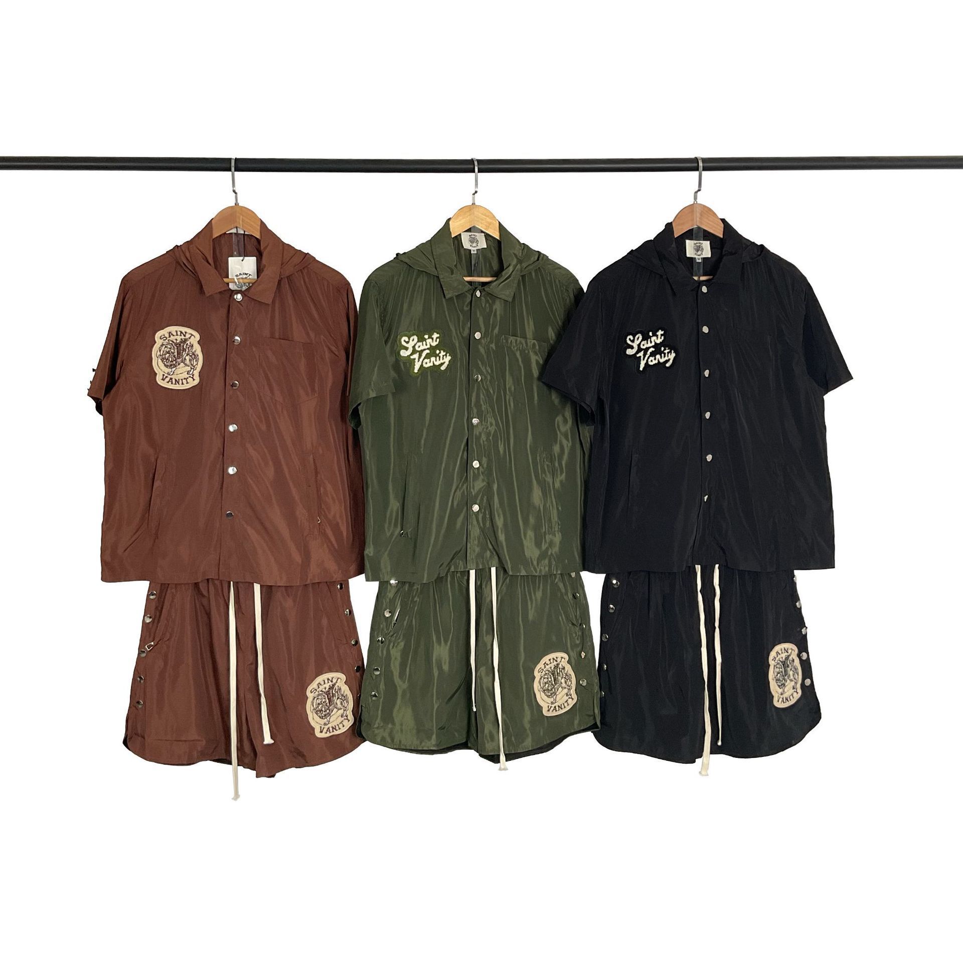 Cross-Border Foreign Trade European and American Style Saint Letter Embroidered Hooded Short-Sleeve Shirt and High Street Casual Shorts Set for Men and Women