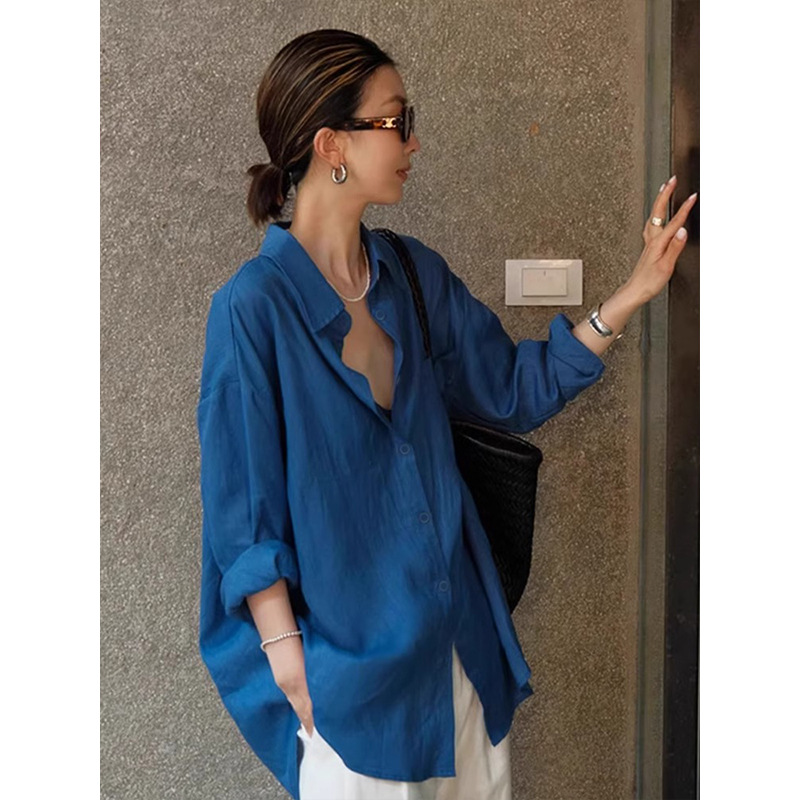 感亚麻防晒长袖衬衫松弛感百搭开衫外套薄款宽松棉麻蓝色衬衣