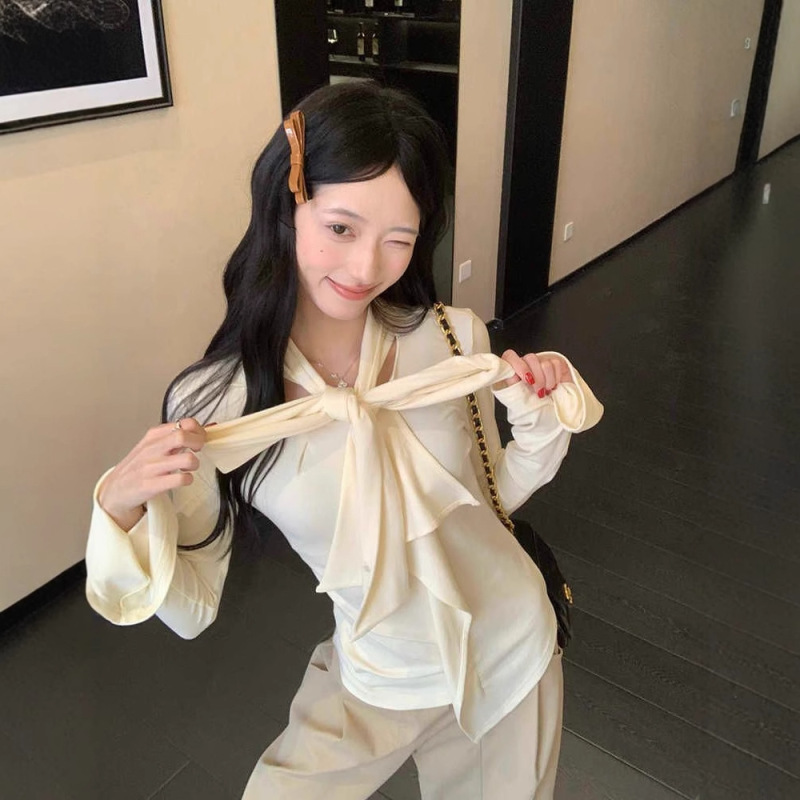 设计感荷叶边飘带长袖藏蓝色上衣女装秋季百搭打底衫修身内搭T恤|undefined