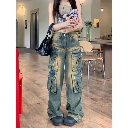 High-street retro multi-pocket design workwear jeans for women, high-waisted loose drape wide-leg long pants, Instagram trendy