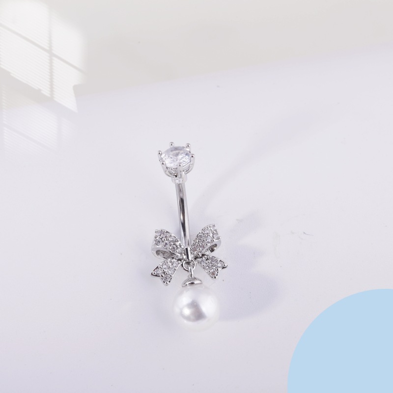 Simple Full Zircon Bow Pearl Belly Button Ring - Gold Ball, Copper Base, Summer 2025 detail image 8