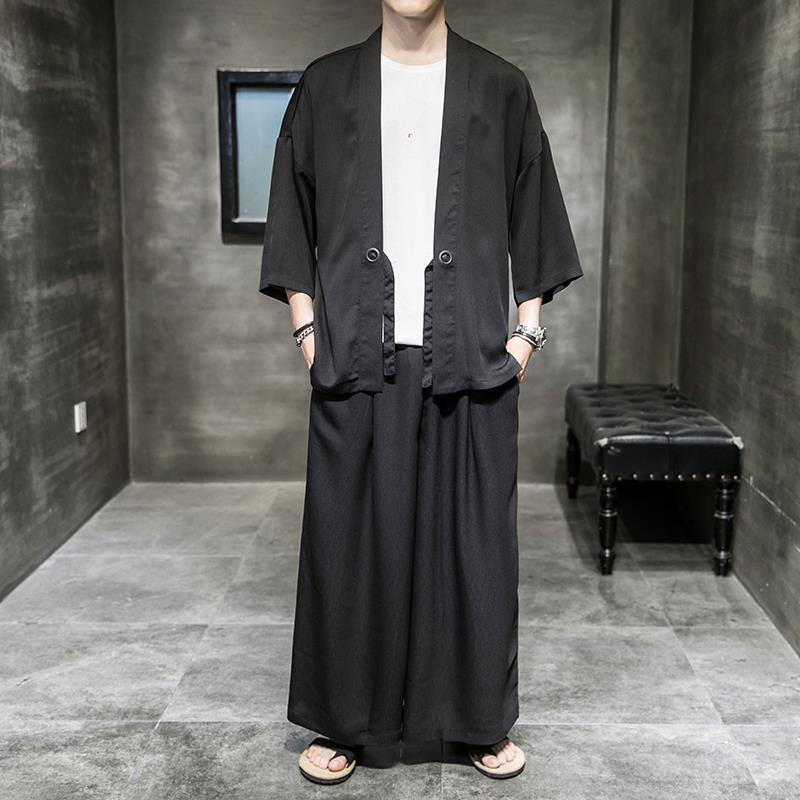 Summer ultra-thin ice silk sun protection set for men, Chinese style Tang suit, Hanfu, lightweight cardigan, men's short-sleeved Taoist robe jacket
