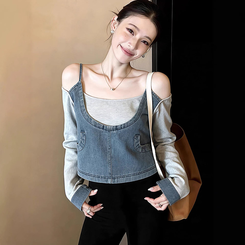 Early Spring Versatile Trendy Two-Piece Denim Patchwork Design T-Shirt, Unique Stylish Off-Shoulder Short Long-Sleeve Top