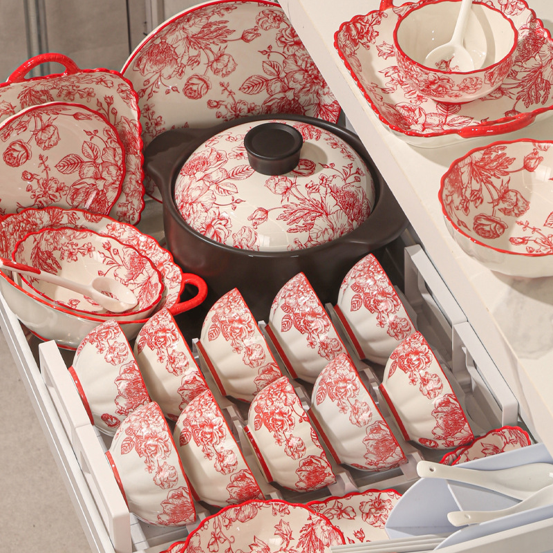Retro Accessible Luxury Dishware Set Red Festive Bowls and Chopsticks Single Combination Wedding Gift Ceramic Bowls and Tableware Retro Accessible Luxury Dishware Set Red Festive Bowls and Chopsticks Single Combination Wedding Gift Ceramic Bowls and Tableware