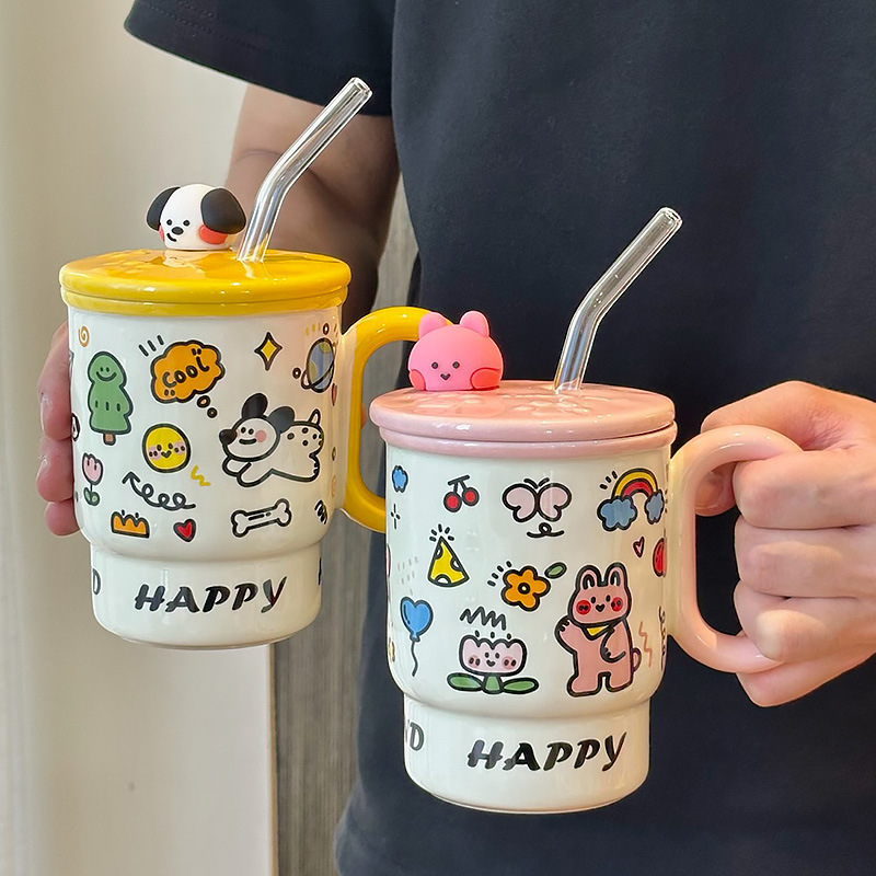 吸管水杯女新款2025高颜值陶瓷马克杯带盖咖啡杯家用喝水杯子礼物|undefined