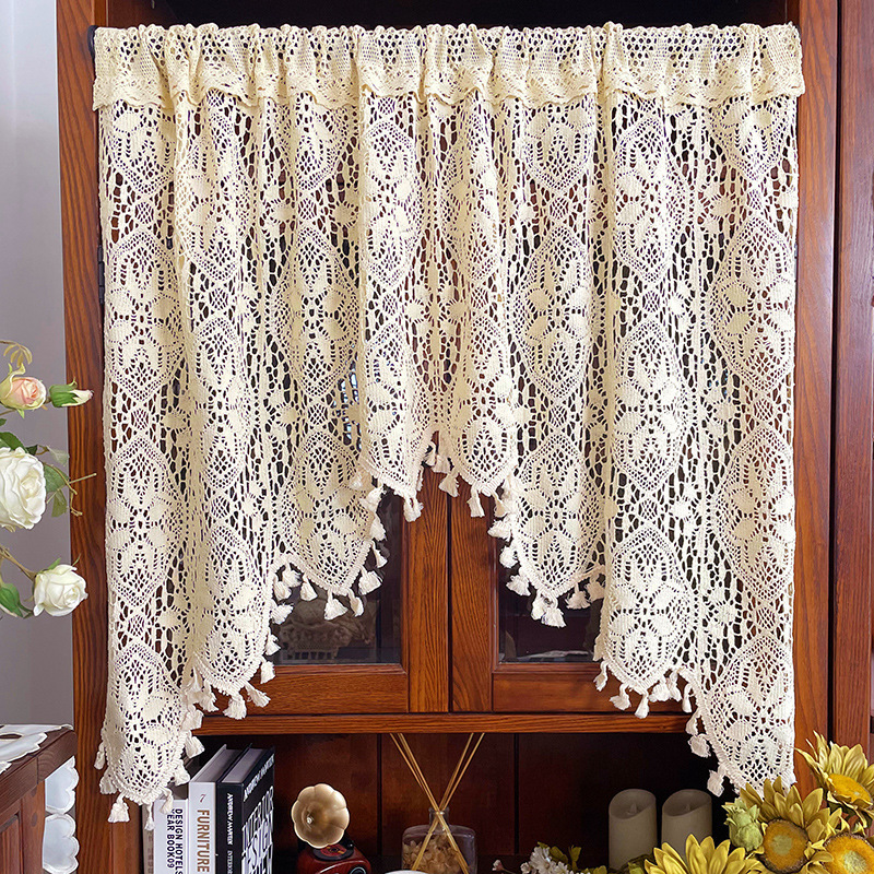 American-Style Vintage Pastoral Cotton Crochet Arched Entryway Partition Kitchen Cabinet Bay Window Half Curtain Door Curtain Short Curtain