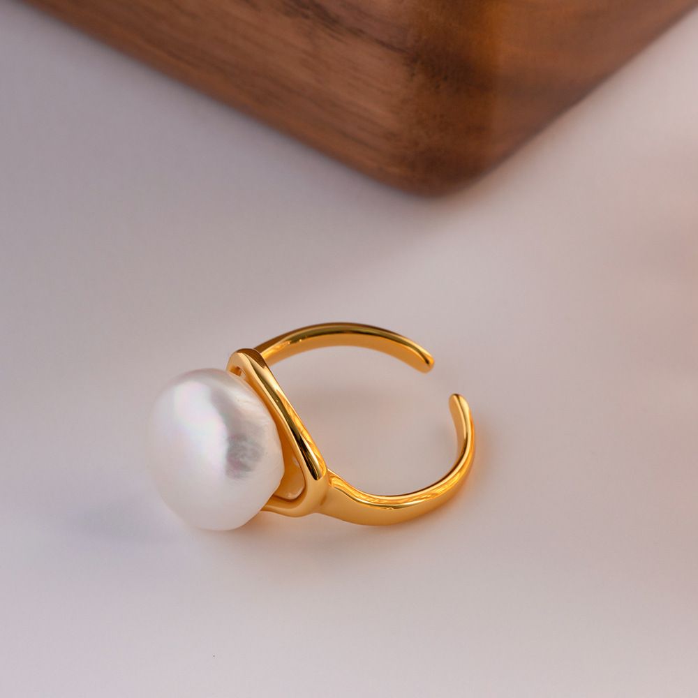 French Style Round Copper Inlay Pearl Open Ring 1 Piece