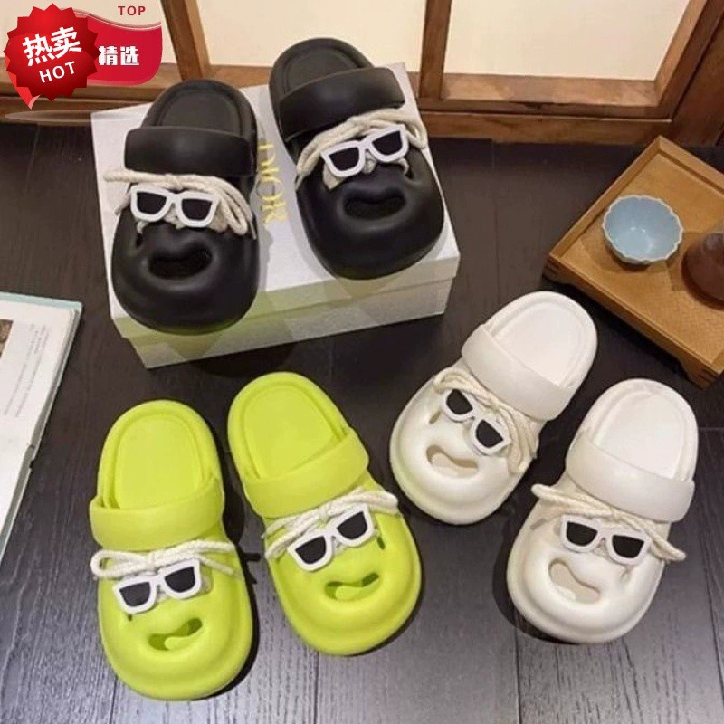 Высокое качество очки веревка с толстым дном 2024 пещерные туфли женские летние новые тапочки сандалии на каблуке с ухмылкой на пляже