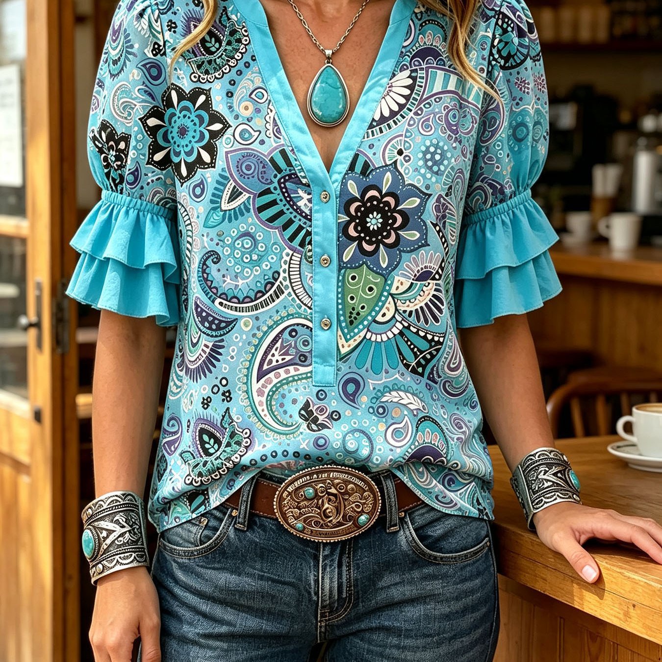 Transfronterizo exclusivo para camisas de impresión vintage mujeres sueltas de cuello en V de manga corta chaqueta bohemiana Europa y América nuevo transfronterizo image 11
