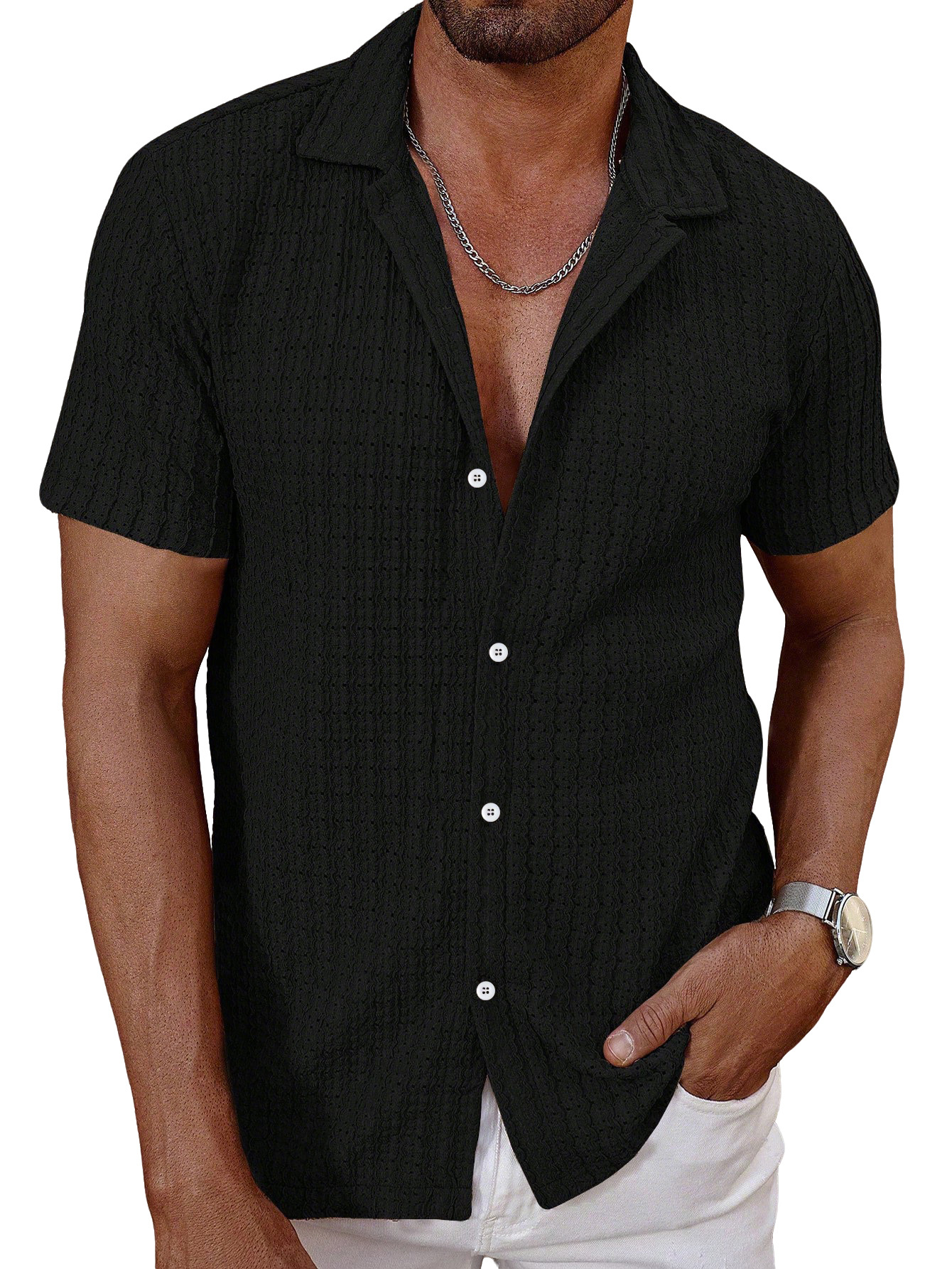 Nuevo transfronterizo Europa y América de verano hombre nuevo botón de la solapa camiseta fresca agujero de diseño de camiseta casual